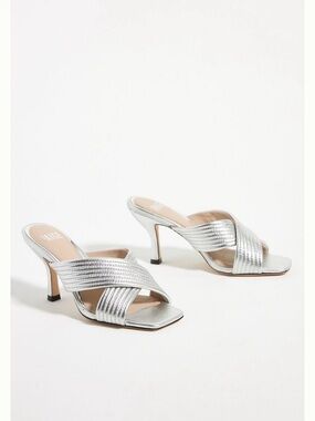 PAIGE Anthropology Leigh Metallic Silver Crisscross Open-Toed Heels